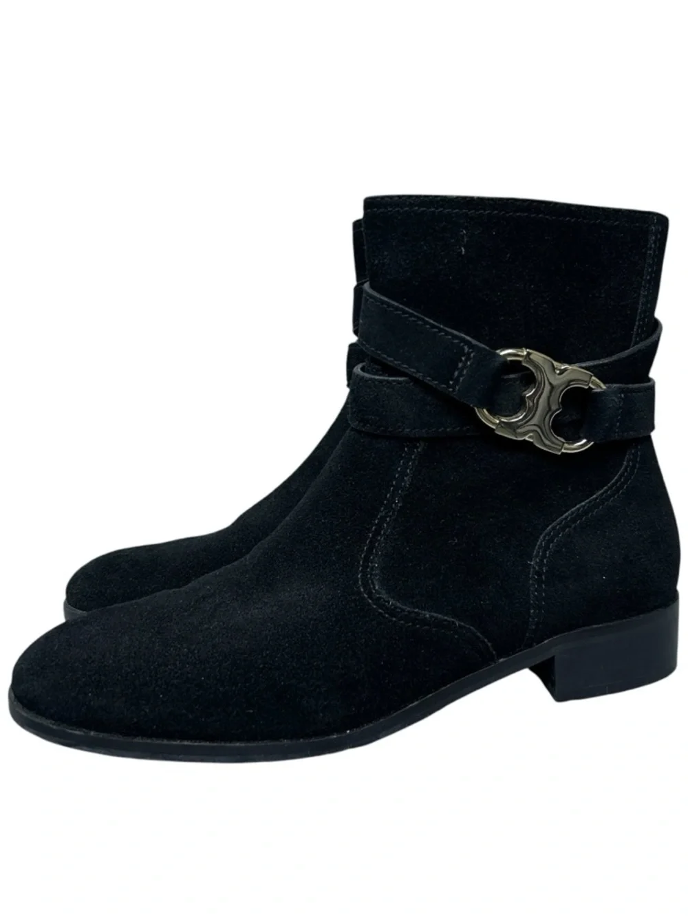 Tory Burch Gemini Suede Ankle Boots Size 7 US Black Gold Logo Luxury Minimalist